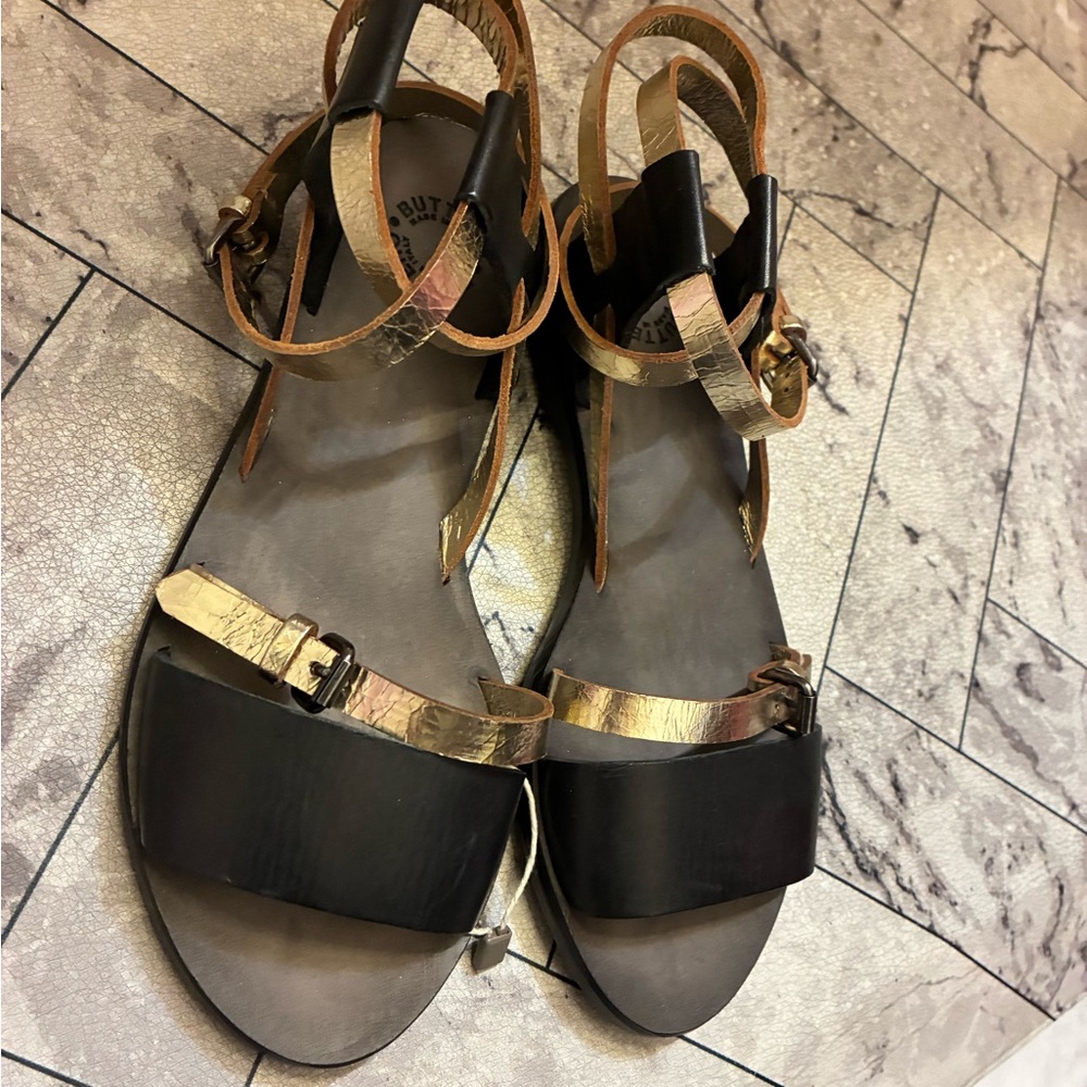 BUTTERO Genuine Leather Wrap Strap Ankle Sandals Black/Gold size 5(35) $798 RARE